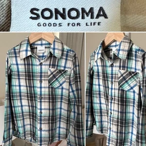 Sonoma Boys Blue/green Cotton Flannel Plaid Long Sleeve Button Down Size 6 - Picture 1 of 7