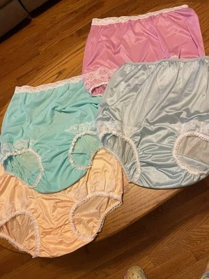 Special 4 Pr NYLON PANTIE Long Wide Double GUSSET Pastels LACE Tall 18 “ Side - Image 1 of 4