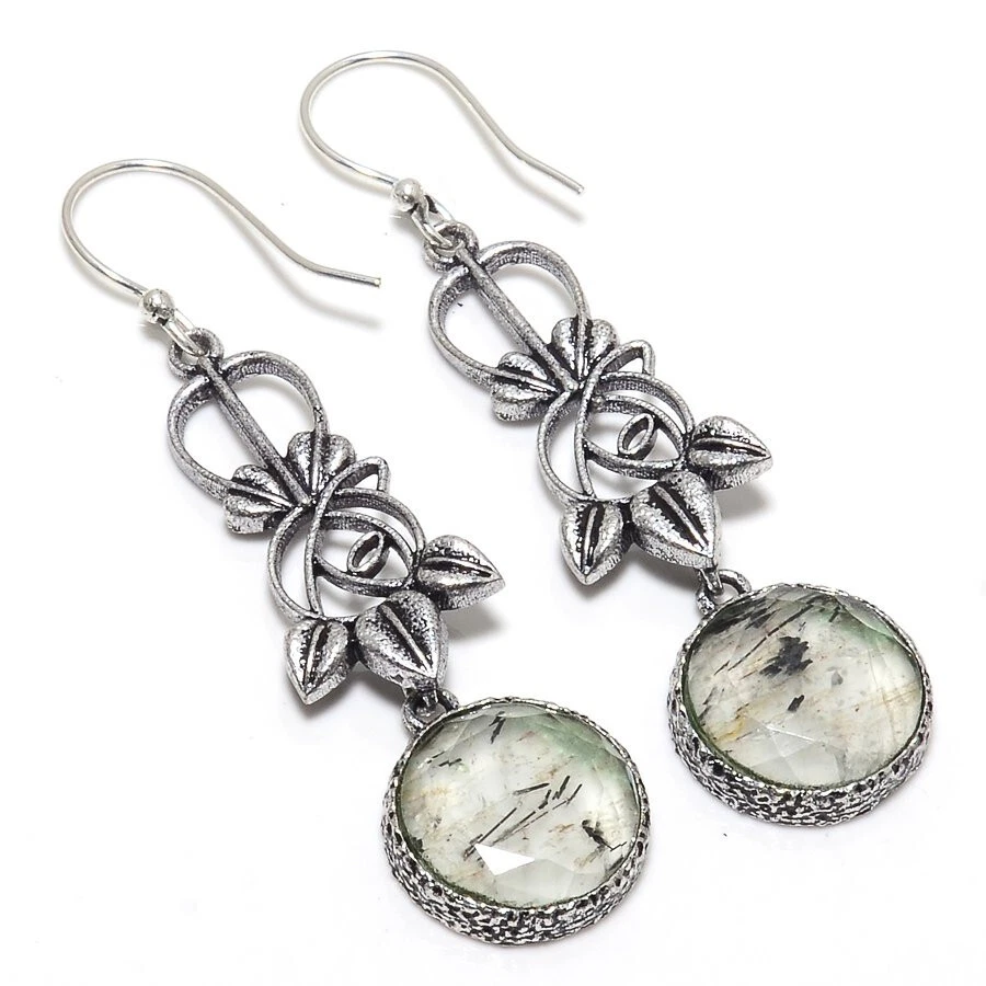 Faceted Rutile Quartz Gemstone Silver Plated Earrings Jewelry 3" - Image 1 of 1