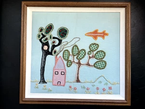 VTG Oak Framed Embroidery Beads Nice Large Country Farm Plane, Matte 20" x 21" - Picture 1 of 22
