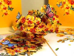 ORIGAMI POP CARDS Yellow Orchid Garden with Butterflies Happy Birthday Pop Up 3D - Picture 1 of 12
