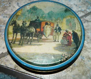 Caramelos Barricini vintage de 8,5" NYC 1950 lata redonda con tapa caballo y carruaje - Imagen 1 de 4
