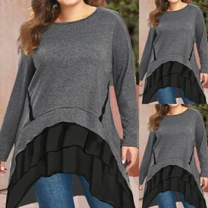 Plus Size Womens Casual Ruffle T-Shirt Tunic Tops Long Sleeve Loose Swing Blouse - Picture 1 of 16