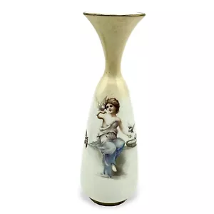 Antique 1886 DOULTON BURSLEM Bud Vase 7” Porcelain Gilt Little Girl Feeding Bird - Picture 1 of 15