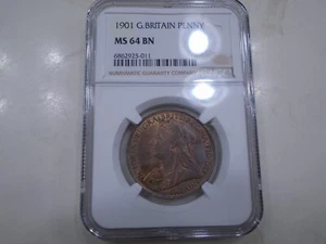 1901 Penny GREAT BRITAIN Queen Victoria NGC MS-64 BN Veiled Head Copper - Picture 1 of 2