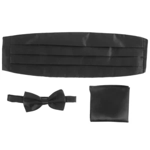 3Pcs Black Tie Cumberbund Cummerbund and Bow Pocket Square Men New - Picture 1 of 12