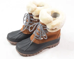 J.Crew Perfect Winter Boots Womens 7M Brown Black Sherpa Leather Lace-Up H1891 - Picture 1 of 8