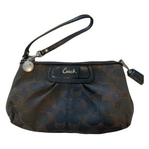 Portafoglio Coach Signature Logo Sufflette Pochette Polso Marrone Nero Tela Lana