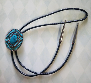 Vintage 80's Cast Metal/ Leather Navajo Style Bolo Tie - Great!