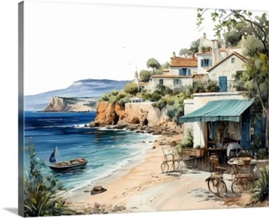 Mediterranean Sea Ocean View Boats Water Art Gallery Canvas Wrap Wall Art - Picture 1 of 2