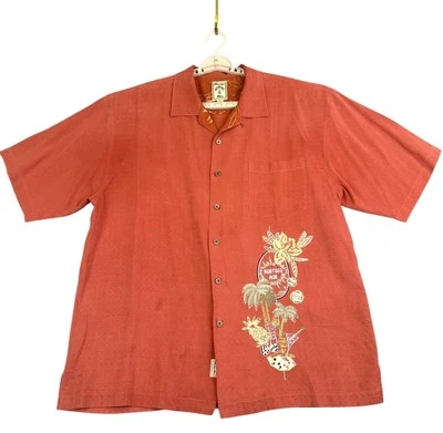Montego Mon Mens XL Shirt Rust 100% Silk Embroidered Hawaiian Camp Resort Casual - Image 1 of 4