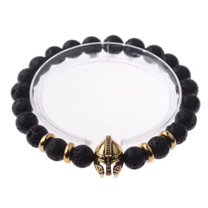 Men's Black Lava Stone Spartan Helmet 8mm Beaded Gold Silver Bracelets Cheapest - Picture 1 of 102
