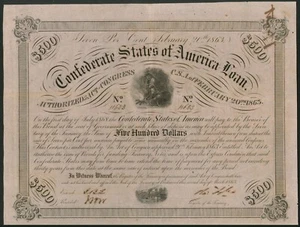 USA: Confederate States, February 20th 1863, redeemable July 1st 1868, $500 - Picture 1 of 1