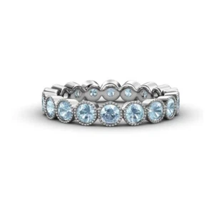 Sterling Silver 925 Aquamarine Bezel-Set Round 3.00mm Full Eternity Band Ring - Picture 1 of 6