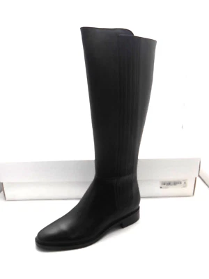Calvin Klein Finley Cow Silk Black Leather Knee Boots Size 5 M Gold Back Zip - Image 1 of 4