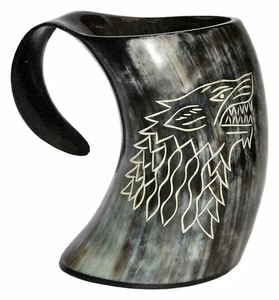 Taza de cuerno de beber vikingo jarra tallada de lobo para cerveza taza de juego de tronos lobo - Imagen 1 de 6
