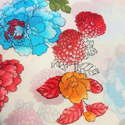 Fabric Zinnia Peony Sheer Georgette Floral Red Blue Orange 2 Yards - Image 1 of 4