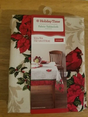 New Holiday Time Fabric Tablecloth 52 x 70 Rectangle Cardinal Poinsettia Pattern - Image 1 of 2