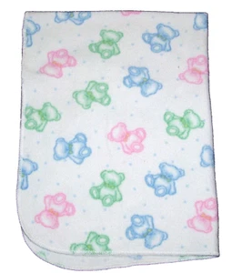 Vintage Springmaid Fleece Baby Blanket Pastel Teddy Bears Pink Green Blue Lovey - Picture 1 of 1