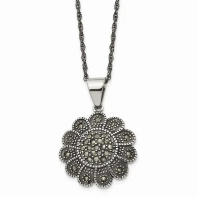 Stainless Steel Textured Flower Marcasite Necklace - Image 1 of 4