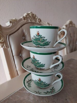 SPODE England Christmas Tree Coffee Tea Punch Set Of 3 CupsSaucers  - Image 1 of 4