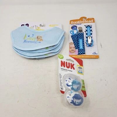 Paquete de 2 baberos BooginHead PaciGrip azul chupetes de silicona ortodoncia NUK 18-36M Foto 1 de 2