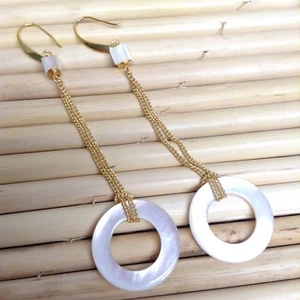 Gold Chain Mother Of Pearl Hoop Dangle Drop Geometric Minimalist Earrings - Picture 1 of 9