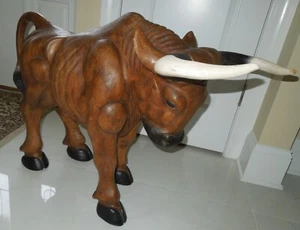 37" X 26" X 14 1/2" RARE LARGE VINTAGE 1 PIECE SOLID WOOD CARVED BULL UNIQUE - Picture 1 of 12