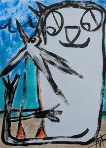 Original ACEO Cat Painting Bird Collectible Modern Beach Art Samantha McLean - Picture 1 of 1