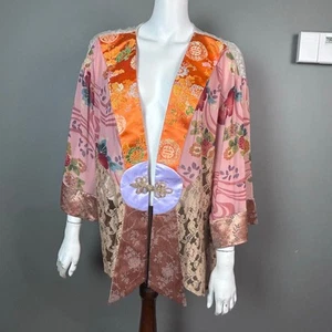 Spencer Alexis top kimono 2X colorful art to wear lace floral gauzy tan - Picture 1 of 13