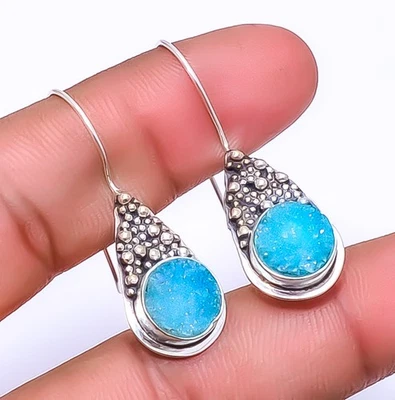 Aqua Blue Quartz Drusy - India Designer 925 Sterling Silver Earring 1.56" E17 - Image 1 of 4