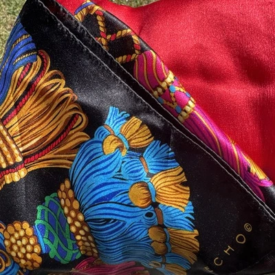 Echo Tassel Print Square Silk Red Purple Colorful Scarf Square (31" x 31") Japan - Image 1 of 4