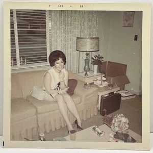 Vintage 1969 Color Snapshot Woman on Couch Retro Living Room Scene - Picture 1 of 4