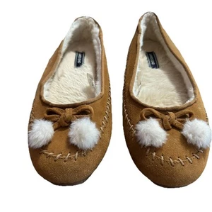 Lands End Women 10 Slipper Ballet Flat Fur Lined Tan Suede Leather Shoes - Picture 1 of 17