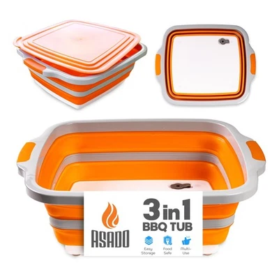 Bañera de preparación para barbacoa Asado plegable XL con tabla de cortar, colador y tapa - Ideal para... Foto 1 de 4