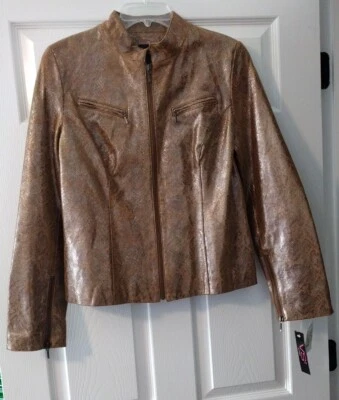 VS2 by Vakko Women's Snake Skin Print Leather Jacket Bronze Brown Size 10 NWT - Image 1 of 4