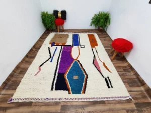 Custom Beni Ourain Rug Handmade Moroccan Wool Carpet with Blue Lines Berber - Picture 1 of 10