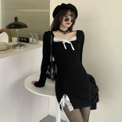 Square neck lace trim bow detail long sleeve mini dress Party Night Out Size XXS - Image 1 of 4