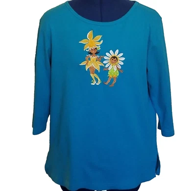 Camisa Bob Mackie Usable Arte Mujer Talla XS Flor Niños Manga 3/4 Turquesa  Foto 1 de 4