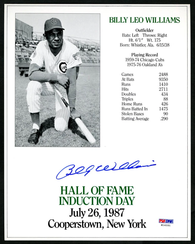 Billy Leo Williams SIGNED 8x10 Photo HOF Induction Card Cubs PSA/DNA AUTOGRAPHED - Image 1 of 1