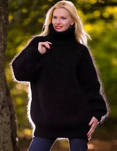 SuperTanya black mohair sweater pullover thick ribbed warm fluffy jumper XL-XXL - Picture 1 of 7