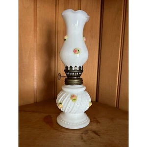 Vintage Hobnail Floral White Milk Glass Oil Lamp Pink Roses Cottage Home Decor - Picture 1 of 6