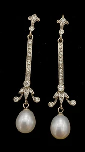 Pendientes colgantes de plata/perla de 9 quilates estilo Art Deco vintage de boda - Imagen 1 de 5