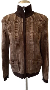 LRL Ralph Lauren P/ S Houndstooth Brown Cream Bomber Jacket Cardigan 2Way Zip - Picture 1 of 17