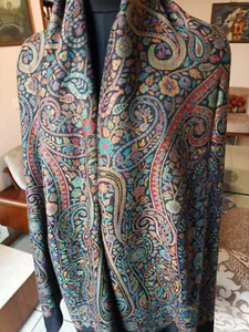 UNA HERMOSA ESTOLA JAMAVAR SUAVE TEJIDA A MANO KANI ~ 100% CACHEMIRA PASHMINA ~ NEGRA - Imagen 1 de 7