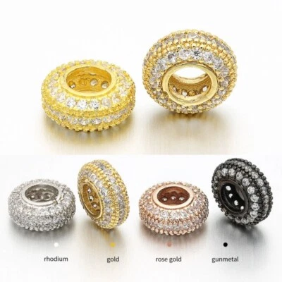 10Pcs Brass Pave Cubic Zirconia European Beads Rondelle Large Hole Charm 10mm - Image 1 of 4