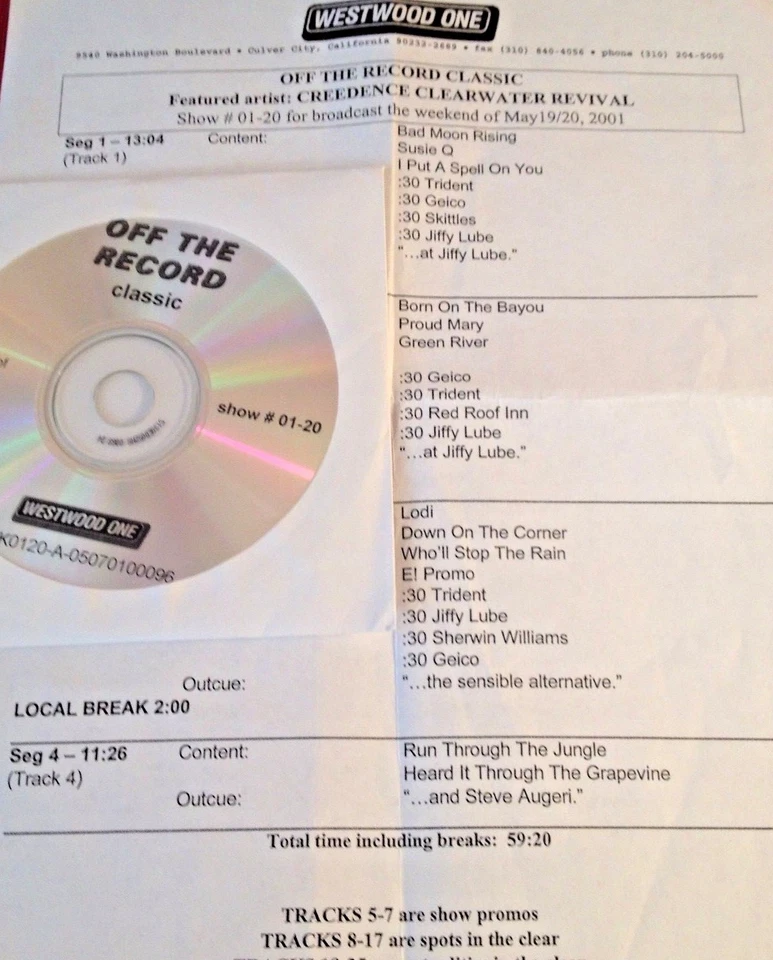 RADIO SHOW: OFF THE RECORD CLASSIC 5/19/01  CCR TRIBUTE 11 TUNES/INTERVIEWS - Image 1 of 1
