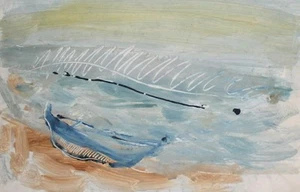 Contemporary abstract gouache painting landscape of seacoast and boat - Picture 1 of 12