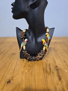 Vintage-1980's Colorful Parrot 30" Necklace w/Coconut Wooden Beads - Picture 1 of 8