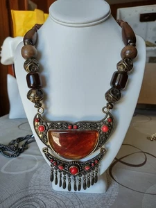 GORGEOUS Boho Tribal Statement Necklace Resin Amber & Coral Look Beads-WoodBrass - Picture 1 of 17